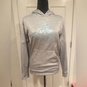 Adidas Juniors Girls Gray Pullover Hoodie with Blue Graphic Logo, Size Small